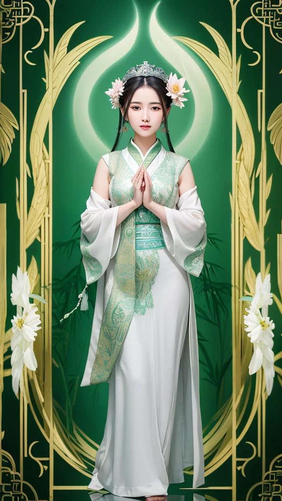 "- **Prompt:** ""Create an image of the Taoist deity Guan Yin, the Goddess of Mercy and Compassion. She should be depicted with a serene expression, wearing flowing white robes adorned with intricate silver patterns. Her multiple arms should be gently extended, holding symbols of kindness such as lotus flowers and healing herbs. The background should feature a peaceful, misty landscape with bamboo groves and a calm, flowing river."""