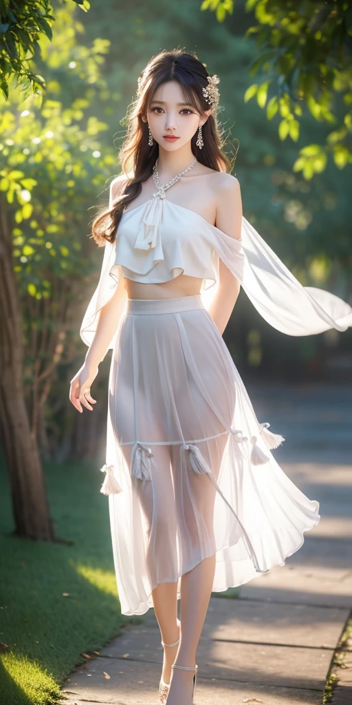 Realism: 1.3, masterpiece, highest quality, high resolution, details: 1.2, 1 girl, hair clip, beautiful face, delicate eyes, tassel earrings, necklace, ribbon, elegant standing posture, aesthetics, movie lighting, ray tracing, depth of field, layering, fluttering, chiffon skirt, full body, pantyhose, outdoor