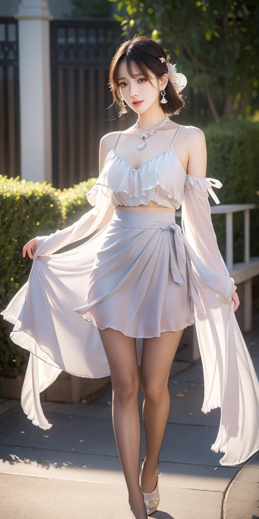 Realism: 1.3, masterpiece, highest quality, high resolution, details: 1.2, 1 girl, hair clip, beautiful face, delicate eyes, tassel earrings, necklace, ribbon, elegant standing posture, aesthetics, movie lighting, ray tracing, depth of field, layering, fluttering, chiffon skirt, full body, pantyhose, outdoor