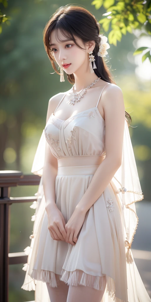 Realism: 1.3, masterpiece, highest quality, high resolution, details: 1.2, 1 girl, hair clip, beautiful face, delicate eyes, tassel earrings, necklace, ribbon, elegant standing posture, aesthetics, movie lighting, ray tracing, depth of field, layering, fluttering, chiffon skirt, full body, pantyhose, outdoor