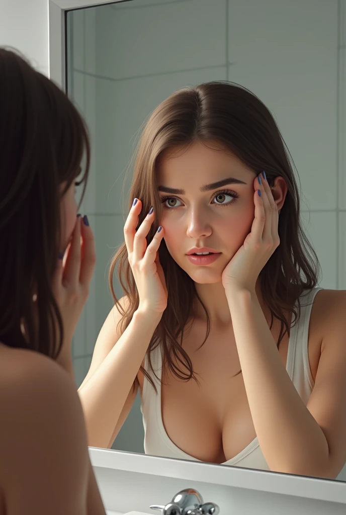 A woman looking in the mirror, visibly worried about hair loss
