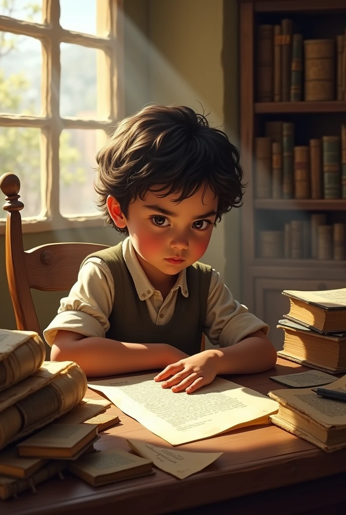 Jose Gregorio Paz Soldan as a , sitting at a table with books and ancient scrolls. A window lets in daylight.