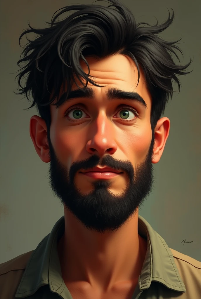 Juan is a tall, thin man., with dark hair . Her green eyes that transmit hope. He has a beard of several days. happy