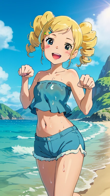 (best quality, masterpiece), ghibli style, 1girl, ppgzbb, paw pose, smile, laughing, ocean, bandeau, shorts, blonde, twin drills, hairclip, blush, looking at viewer, cloud, splashing, waves, sun, mountain, wet, navel