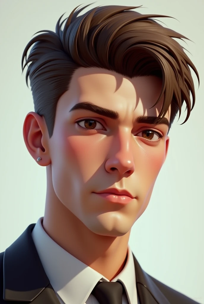 20 year old boy, Her hair is short brown and combed upwards., your eyes are brown, Her skin is white, square face, His expression is serious and cold, He is a bad person, Manipulator, narcissist, self-centered, Digital illustration of video game characters