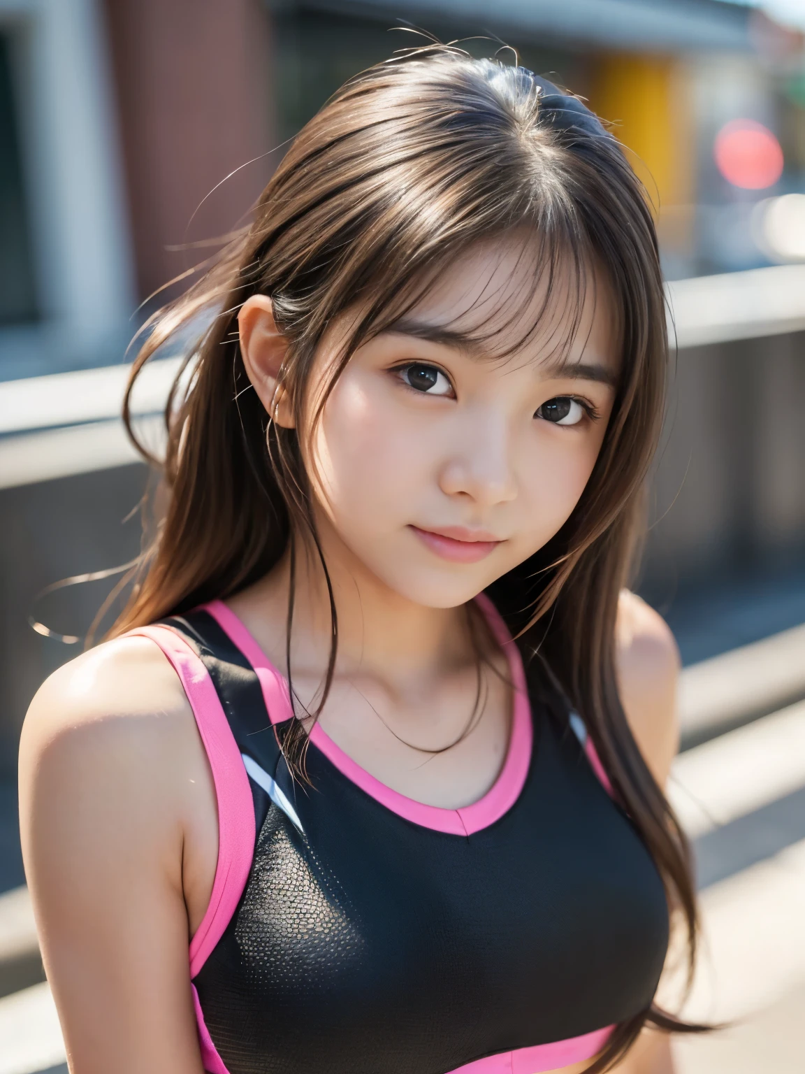 (Best-quality, Masterpiece, Ultra-High-Resolution, (Photorealistic:1.4), Raw Photo, depth of field, professional lighting, perfect anatomy, extremely details), 1girl, -yeld, thost famous Japanese idol, jogging, innocent smile, ((extremely cute face, ((extremely cute and extremely big black-eyes)), extremely beautiful long-hair, ((extremely beautiful and extremely realistic skin-textures)), extremely beautiful body)), (wearing sportswear with cute-design)