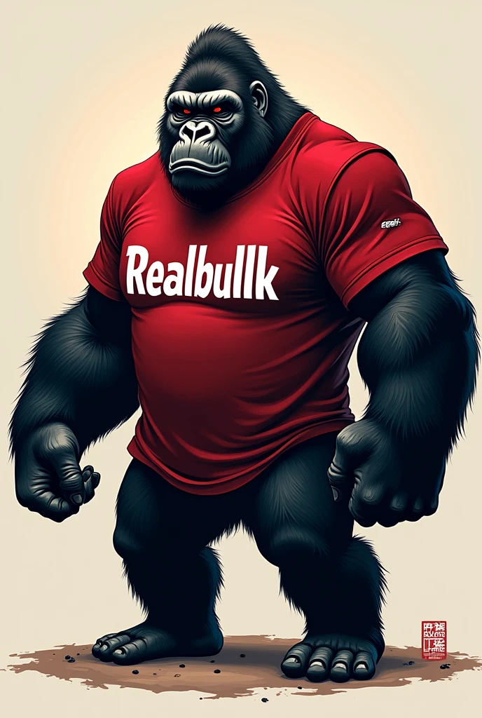 main image: A strong gorilla wearing an oversized shirt. The gorilla must convey strength and power, reflecting the essence of the brand.
colors: blackw, red and white. These colors should be used to create a striking and impactful contrast..
Additional Instructions:
The gorilla must have a powerful and imposing posture, with the oversized shirt standing out.
The color palette should be well balanced to ensure the logo is visually appealing and easy to identify..
the name "RealBullk" must be harmoniously integrated with the image of the gorilla, with a typography that complements the brand's strong and energetic style.
