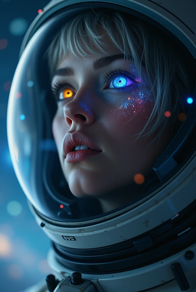 (Medium-shot of a better masterpiece:1.5)0.9], (Space and astronauts:1.2) (Messy silver hair:1.1) (Heterochromia xanthochromia and blue eyes:1.2) (Space Helmet:1.0) (Colored stars in the eyes:1.0) (A radiant glow:1.1) (thick lips:0.9)
