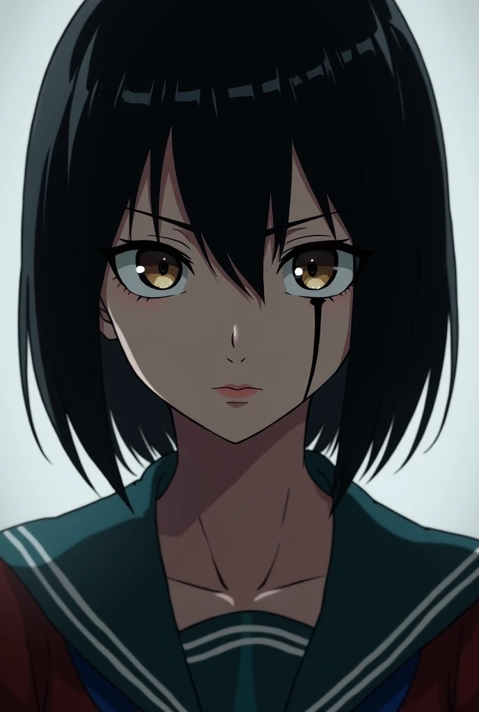Una foto de un oc de My hero academia de una chica hermosa pero con una mirada fría y penetrante sin sonreír con cabello corto y color negro lacio, con una cicatriz color blanco en su ojo izquierdo de forma vertical con el uniforme de My hero academia