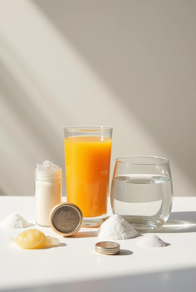 On a table, place a glass of juice and one of water, a sachet of mayonnaise, a Peruvian monochrome coin, a few grams of salt and grams of sugar. 