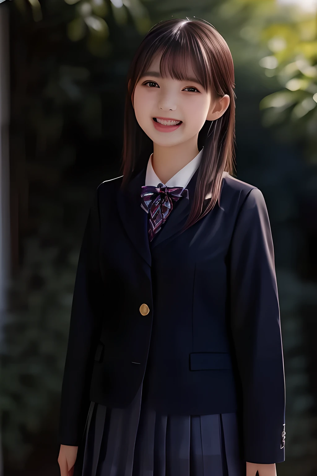 (highest quality, masterpiece, high resolution:1.2), 4K, (Photo quality detailed face: 1.2), (Giorgione painting style: 0.8), geometry, (16 yo cute girly Japanese weak girl with very detailed graceful cute smiling face: 1.2), Laughing cutely, (Japanese school girly navy-colored blazer uniform: 1.4), (blue expensive pleated checkered school skirt inside the blazer: 1.6), (big sharp breast: 1.3), (Dark red glossy school ribbon on the breast: 1.0), (Extremely laughing cheeks: 1.0), (Beautiful light-amber cute-dolly large clear laughing 10yo noble princesses eyes with very detailed cutely: 1.4), (Long bottom eyelashes: 1.2), (Glossy lips: 1.0), (Super-straight Super-LONG hair: 1.3), (Full body shot: 1.0), (She is clearly shown in black background)