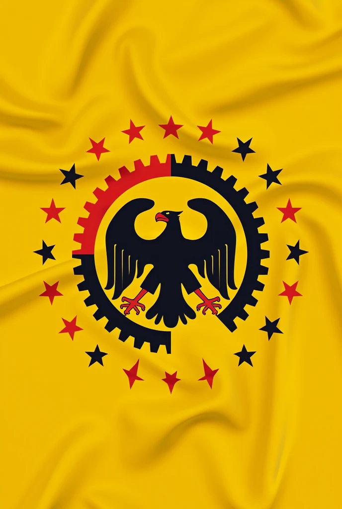A flag with an emblem that contains elements of logic and reason,with also 38 stars and a small eagle.All this in yellow colors,black ,red and white
