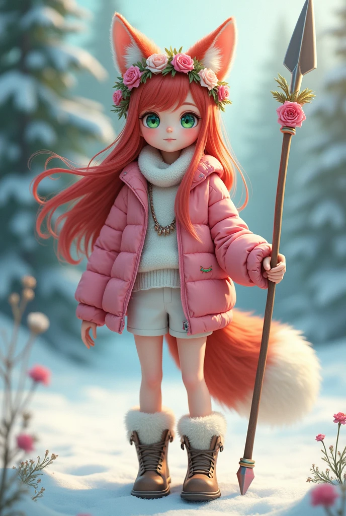 A Siberian anime-style girl with white skin, green eyes, red hair, pink jacket, white shorts, winter boots, flower crown, fox ears, fox tail, a hunting spear, and a 7-bead bracelet in the colors of the rainbow