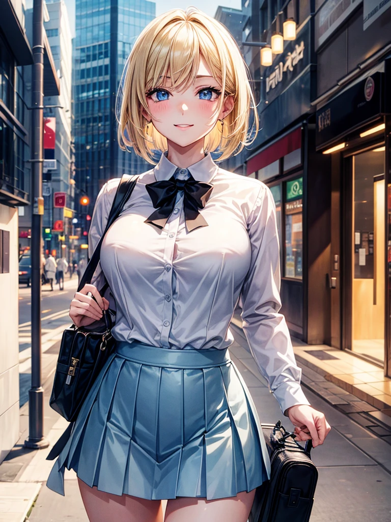 Anime style, super fine illustration, highly detailed, beautiful detailed, pale tone image, static representation, gentle expression, 8k, pretty 1girl with blonde straight short hair & blue eyes & a bright smile & full bust & soft fair skin is wearing big white business shirt not to show her skin & black tight skirt & 1business bag, on the business building street, in the morning, brilliant particles of lights, romantic stories, solo, perfect fingers, perfect arms, perfect legs, masterpiece.