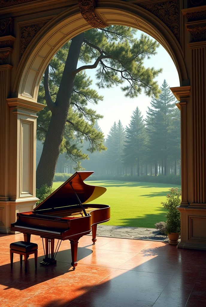 A large room with a grand piano and a view of a lawn with tall pine trees raining down
