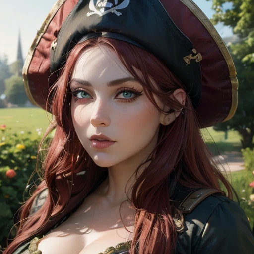 Pirate girl, silky red hair, green eyes, pirate outfit, pirate hat, fair skin, curvy body, lawn, beautiful detailed eyes, beautiful detailed lips, extremely detailed face and eyes, long eyelashes, high quality, 8k, realistic, photorealistic, masterpiece, ultra-detailed, physically-based rendering, professional, vivid colors, warm lighting, soft focus