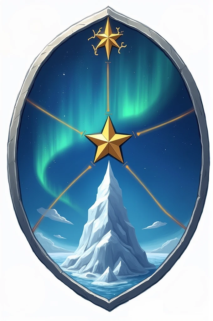 coat of arms in the shape of a round shield with three main elements:
1. downtown: A sky blue field with a golden eight-pointed star.
2. upper: A deep blue field with a stylized aurora borealis.
3. nether: A silver field with an ice tower.