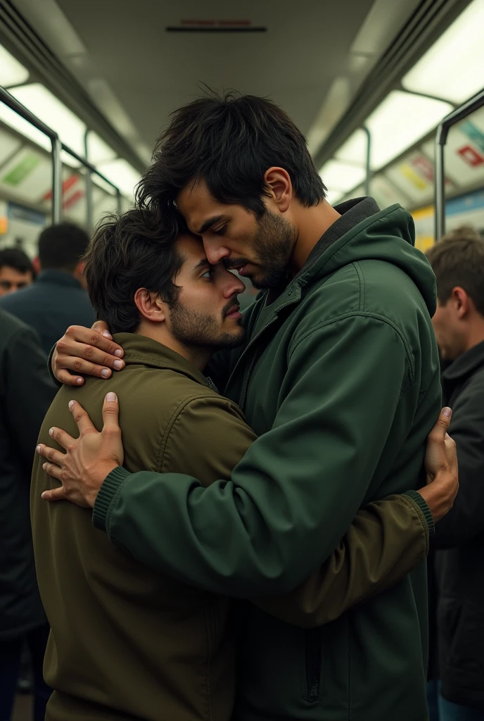 Juan is a tall, thin man., with dark hair . Her green eyes that transmit hope. He has a beard of several days. Hugging a man while he cries on the subway