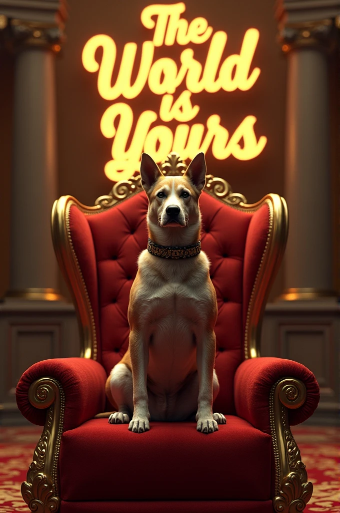 Imagine a dog with a regal attitude, sitting on Tony Montana's throne, Surrounded by a luxurious atmosphere. In the background, the iconic sign "The World Is Yours" shines in a golden style, highlighting the contrast between the majestic throne and the inspiring message.