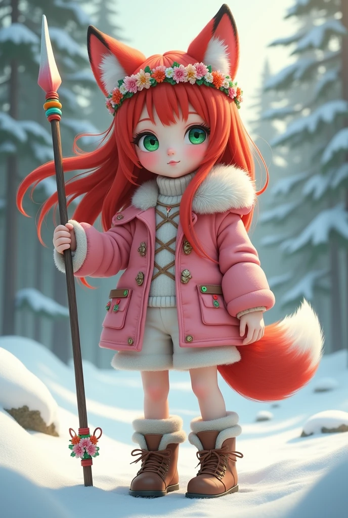 A Siberian anime-style girl with white skin, green eyes, red hair, pink jacket, white shorts, winter boots, flower crown, fox ears, fox tail, a hunting spear, and a 7-bead bracelet in the colors of the rainbow