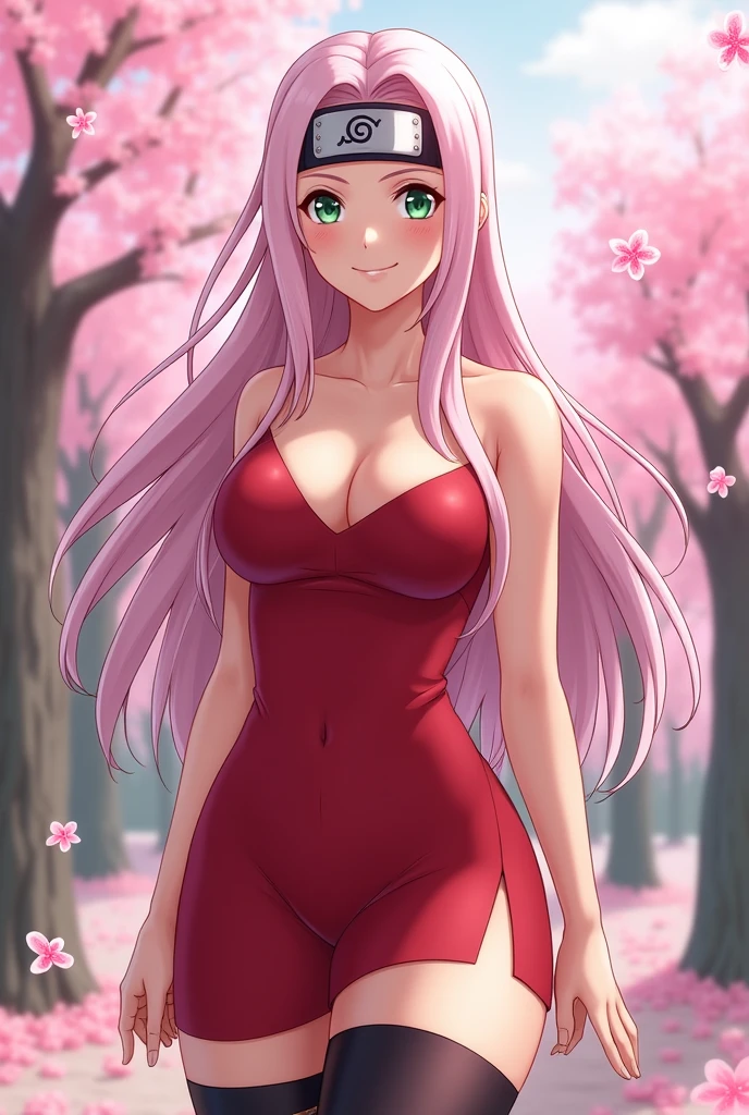 head of'artwork, La meilleure qualité au mieux, 1fille, sakura haruno, mediuml breasts, ssmile,with pink hair, cheveux longs et blancs, (Globes oculaires verts:1.4), Protection du front, the cherry trees,Flying cherry blossoms,Red dress with thigh slit, short and tight pants , tenue du corps, Tight Short Pants,