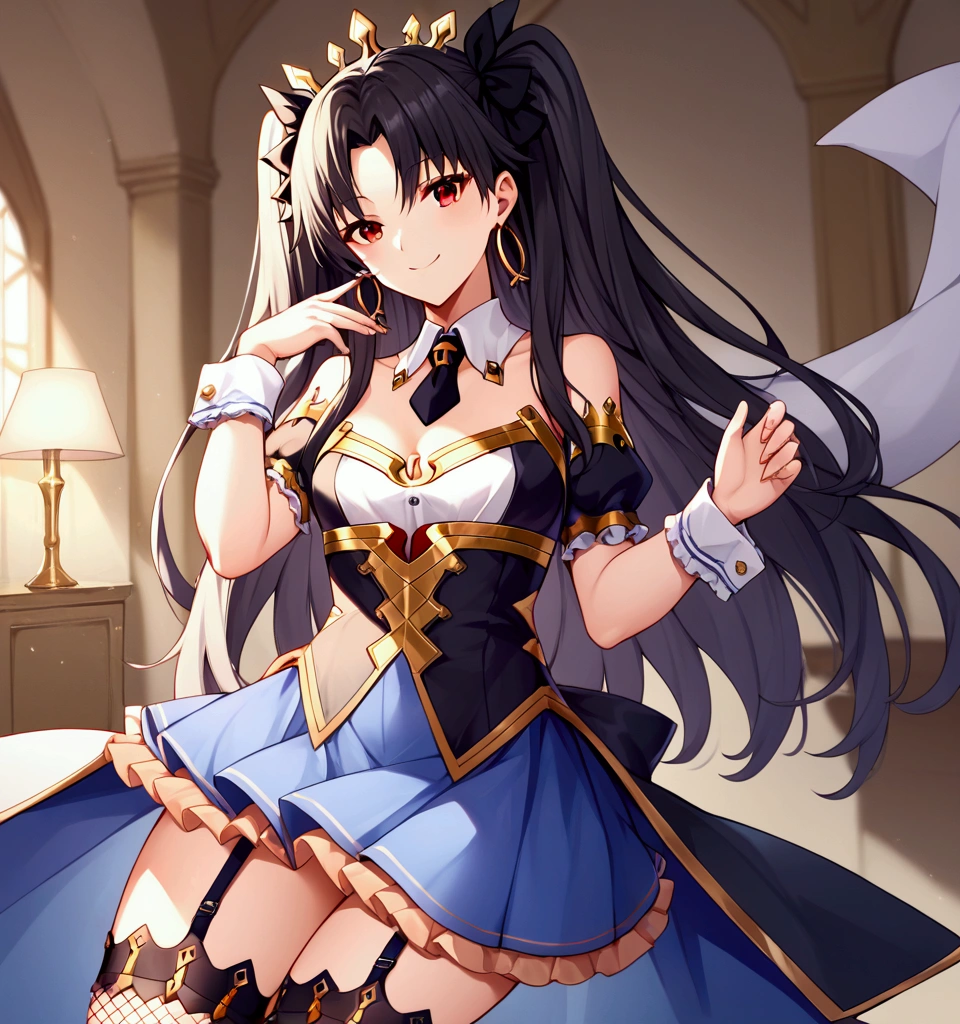 score_9, score_8_up, score_7_up, score_6_up, score_5_up, score_4_up, source_anime, Ishtar of FateGO, long hair, black hair, ribbon, hair ribbon, two side up, red eyes, parted bangs, crown, PekoraFuriFuri, detached collar, short black necktie, black dress, short dress, sleeveless dress, center frills, puffy short sleeves, detached sleeves, wrist cuffs, blue skirt, fishnet thighhighs, garter straps, 1girl, divine goddess body with stunning curves, smile, wide hips, posing, sexy, showing her butt to viewer, lookin over the shoulder, The background is on a living room