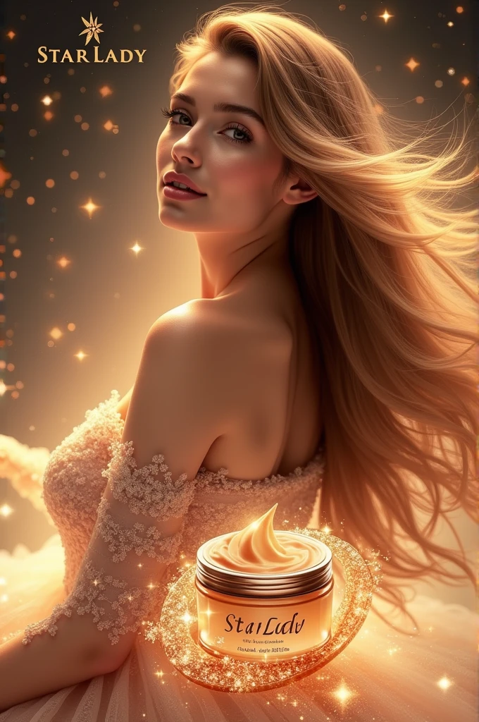 Create the image representing an advertisement for a hair cream with the name "Starlady",put the slogan "The smell of pleasure" and put everything present in an ad