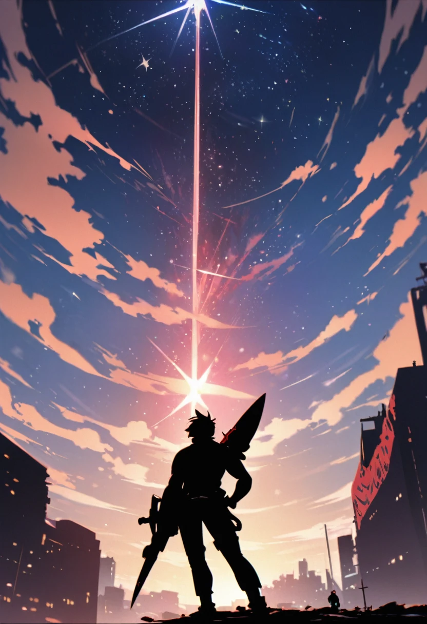 Highest quality,masterpiece,Ultra-high resolution,One Boy、Gurren Lagann、simon、Under a star-filled sky、silhouette、Looking up at the sky、I have a small drill、Gainax-like depiction