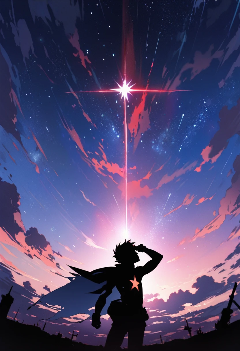 Highest quality,masterpiece,Ultra-high resolution,One Boy、Gurren Lagann、simon、Under a star-filled sky、silhouette、Looking up at the sky、I have a small drill、Gainax-like depiction