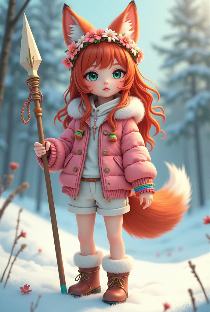 A Siberian anime-style girl with white skin, green eyes, red hair, pink jacket, white shorts, winter boots, flower crown, fox ears, fox tail, a hunting spear, and a 7-bead bracelet in the colors of the rainbow