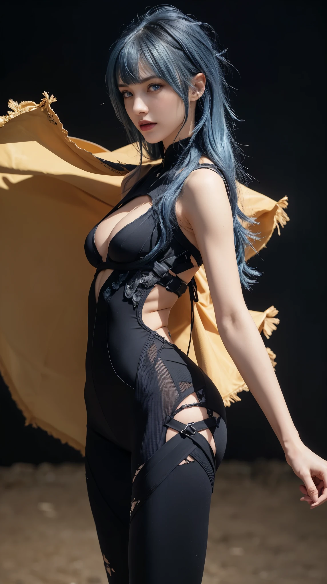 8K, Top Quality, Intricate Details, Ultra Detail, Ultra High Resolution, Masterpiece, close up shot, shot from behind, (Looking back), (full body: 1.1), Slender, Smile, smirk, (Makeup: 0.4), ,(( bangs, blue eyes, blue hair, bangs, , )), (Fluffy Eyes: 1.21), (()), 1girl, solo, 1 girl, (()), close up shot, , ((tall)), (((fit body))), (((slim face))), sharp face, ((walking pose)) ,(detailed face), sharp face, small lips, , ,(( ass , butt cheek,)) ,, ,
((, , wind blow hair, )), , ((skin tight suit, torn suit, ripped suit , )), detailed face, detailed breast, large breast, huge breast, detailed ass , detail nipples ,, Narrow Waist, Skinny, tall , 190 cm tall, Muscular, Navel, Exposed Abdomen, Pointed Chest,, Beautiful girl with accentuated slender abs: 1.4, Six Pack Abs: 1.4, , Perfect Body, detail legs, (( dark background)), black background,