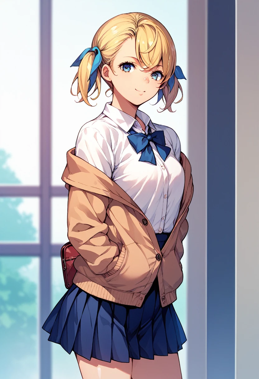 1girl, solo, standing, school uniform, blonde hair, short twintails, hair ribbon, 