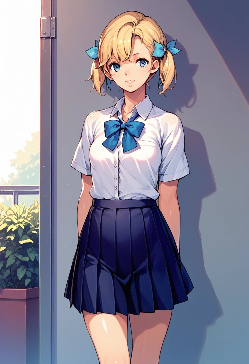 1girl, solo, standing, school uniform, blonde hair, short twintails, hair ribbon, 