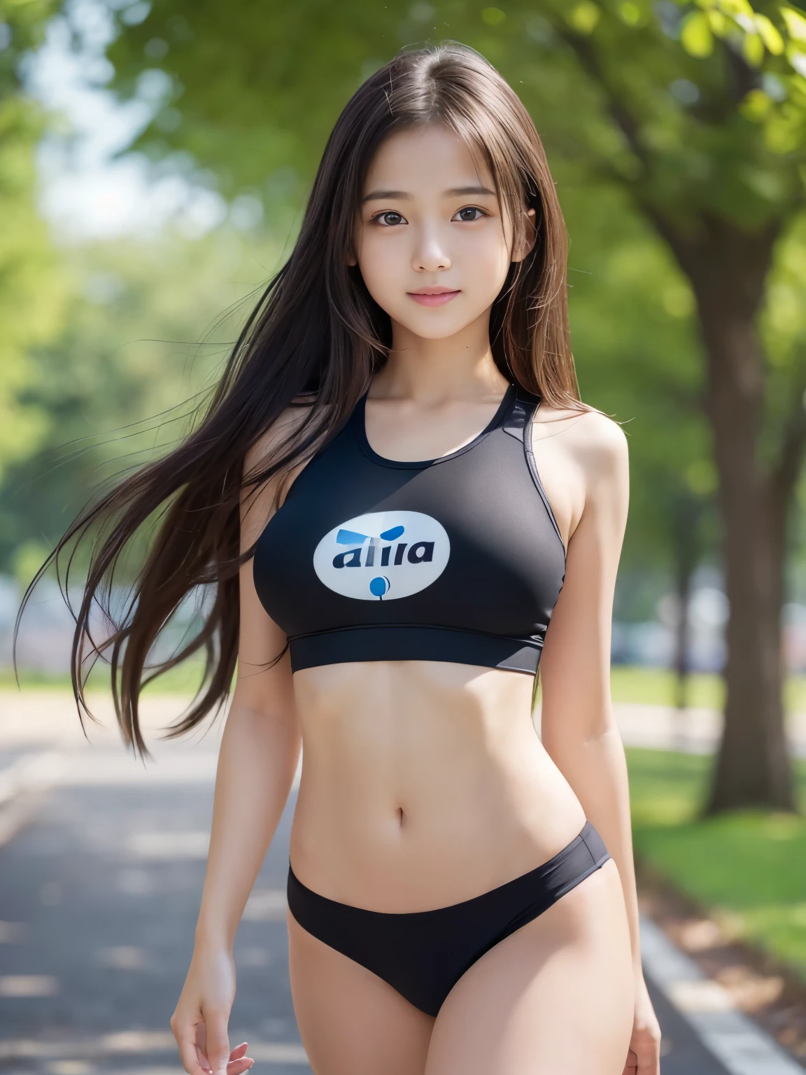 (Best-quality, Masterpiece, Ultra-High-Resolution, (Photorealistic:1.4), Raw Photo, depth of field, professional lighting, perfect anatomy, extremely details), 1girl, 15-years-old, the most famous Japanese idol, jogging, innocent smile, ((extremely cute face, ((extremely cute and extremely big black-eyes)), extremely beautiful long-hair, ((extremely beautiful and extremely realistic skins)), extremely beautiful body)), (wearing sportswear with cute-design)