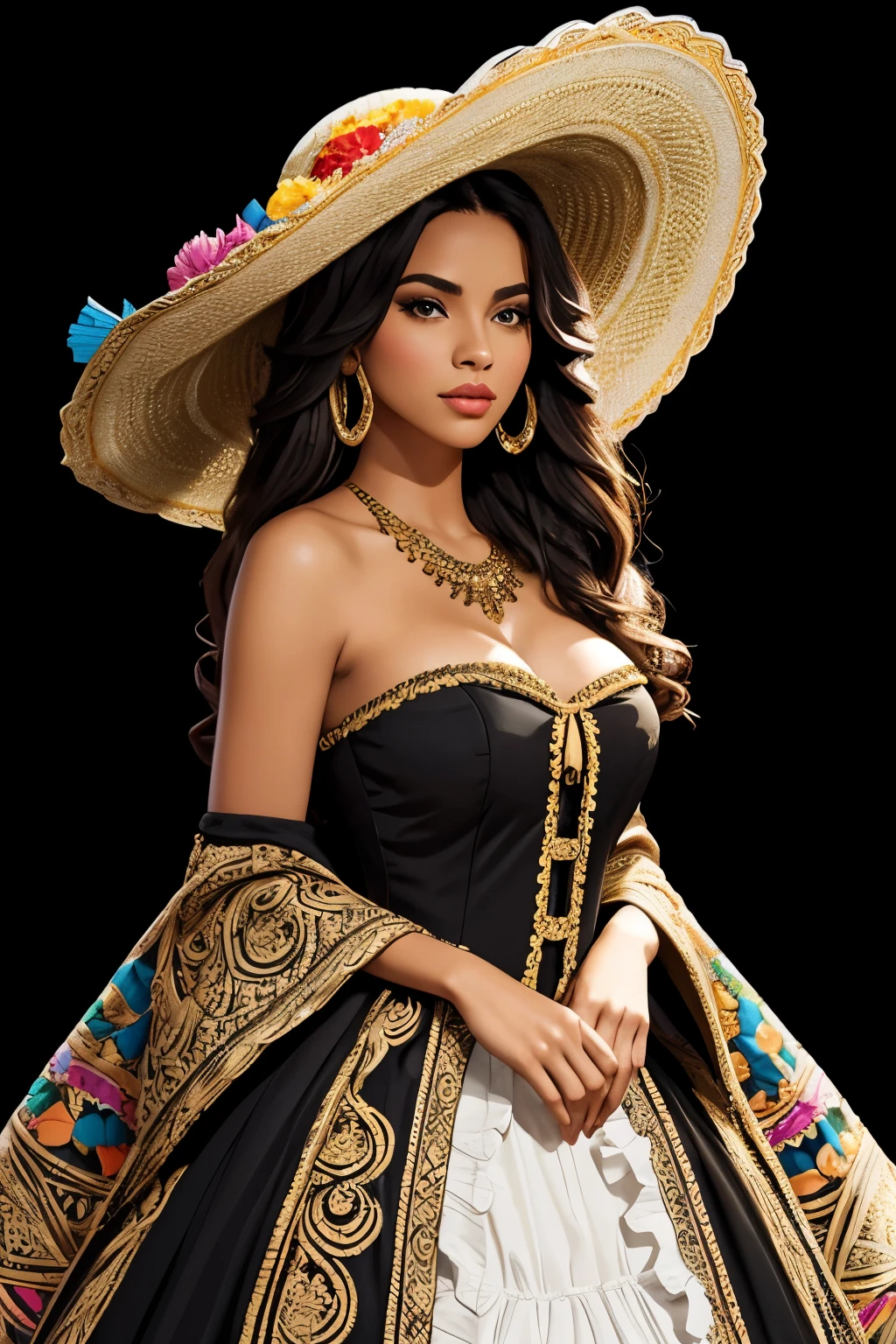 Stylized real still showing a beautiful, gorgeous woman with long, wavy hair, wearing a large, ornate mariachi hat. The hat is black with intricate patterns along the brim. The woman has a light complexion, full lips, and is dressed in a strapless top with vertical stripes. The overall composition is playful and visually striking, with a strong contrast between the vibrant colors of the woman's dress and the solid, black background of the image.