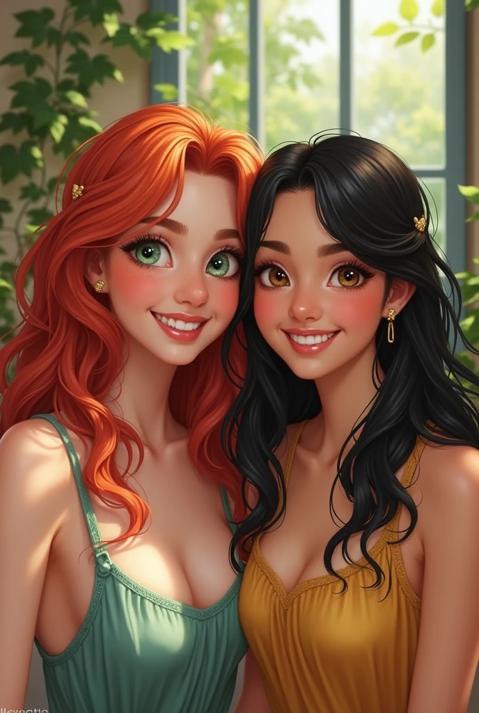Pass me two girl friends, one of them is a redhead with fair skin and the one with black hair has fair skin..  smiling at the camera 