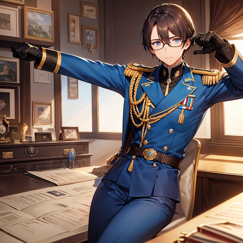 a military man, sky blue uniform, brown hair, blue eyes, circular glasses, black gloves, medals, epaulets, luxurious office, window, bookshelf, map