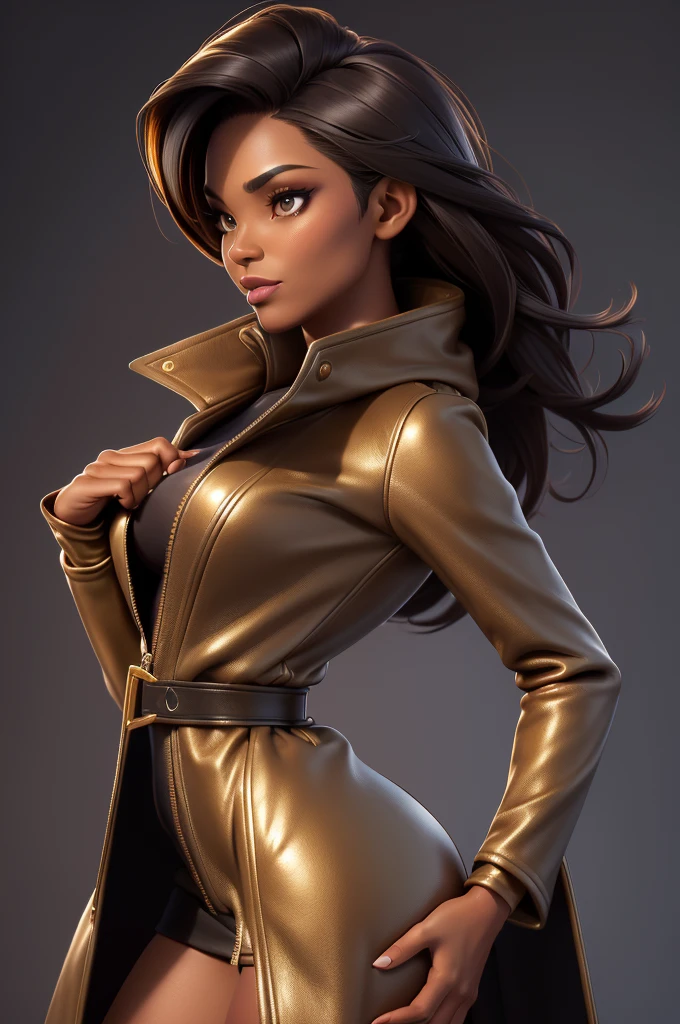 obra prima, melhor qualidade, ((only one woman,)) ((michelle malkin, dark black skin, short brown bob hair, heavy makeup eye shadow)) (((wearing liquid gold leather long overcoat,))) (((overcoat is zipped up, overcoat covers waist and ass,))) ((overcoat has padded shoulders,)) ((overcoat has stiff high collar,)) ((gold leather gloves,)) body is very skinny, ((standing up, arched back, sexy pose,)) (((camera side view, view of high upper body,))) shallow depth of field, highres, HD, 8k, anatomically correct