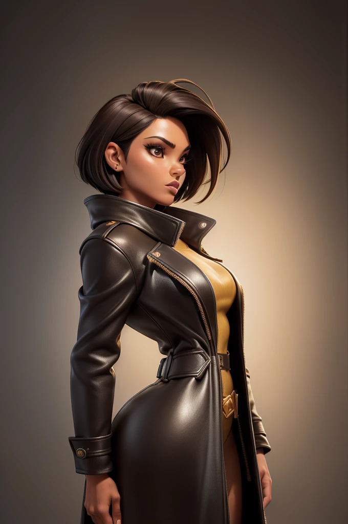 obra prima, melhor qualidade, ((only one woman,)) ((harris faulkner, dark black skin, short brown bob hair, heavy makeup eye shadow)) (((wearing metallic chrome leather long overcoat,))) (((overcoat is zipped up, overcoat covers waist and ass,))) ((overcoat has padded shoulders,)) ((overcoat has stiff high collar,)) body is very skinny, ((standing up, arched back, sexy pose,)) (((camera side view, view of high upper body,))) shallow depth of field, highres, HD, 8k, anatomically correct