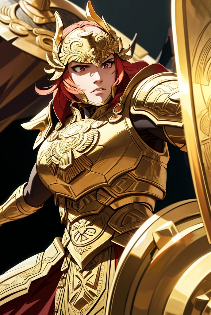 A heavily armored Mycenaean warrior, golden garments with red accents, intricate shield, ancient Greek, dramatic lighting, cinematic composition, vibrant colors, masterful rendering, 8k, hyper-realistic, photorealistic, sharp focus, physically based rendering, extreme detail depiction, professional, vivid colors, detailed face, serious expression