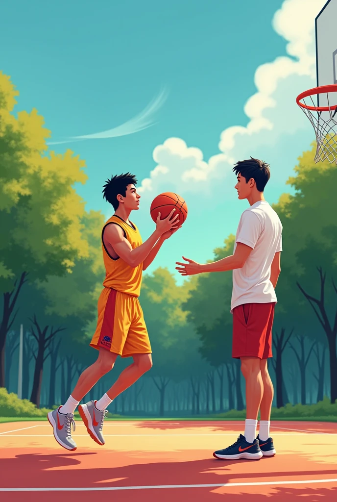 A young man playing basketball with his coach