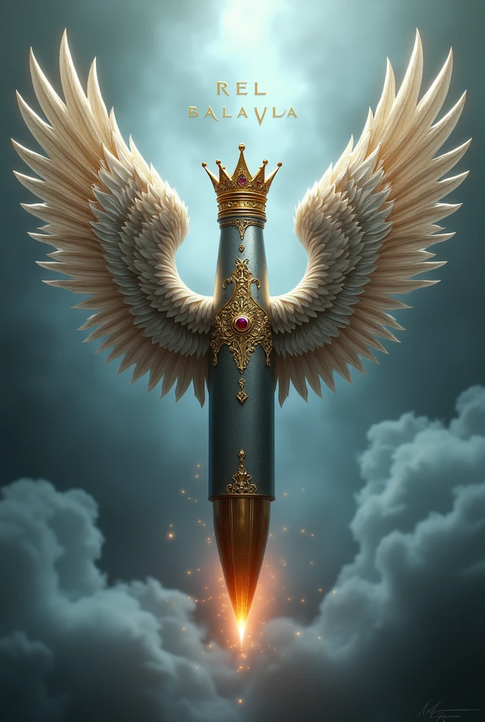 I want a picture of a bullet with wings and a crown on top and put the name (real balavoa) in the middle of the bullet.