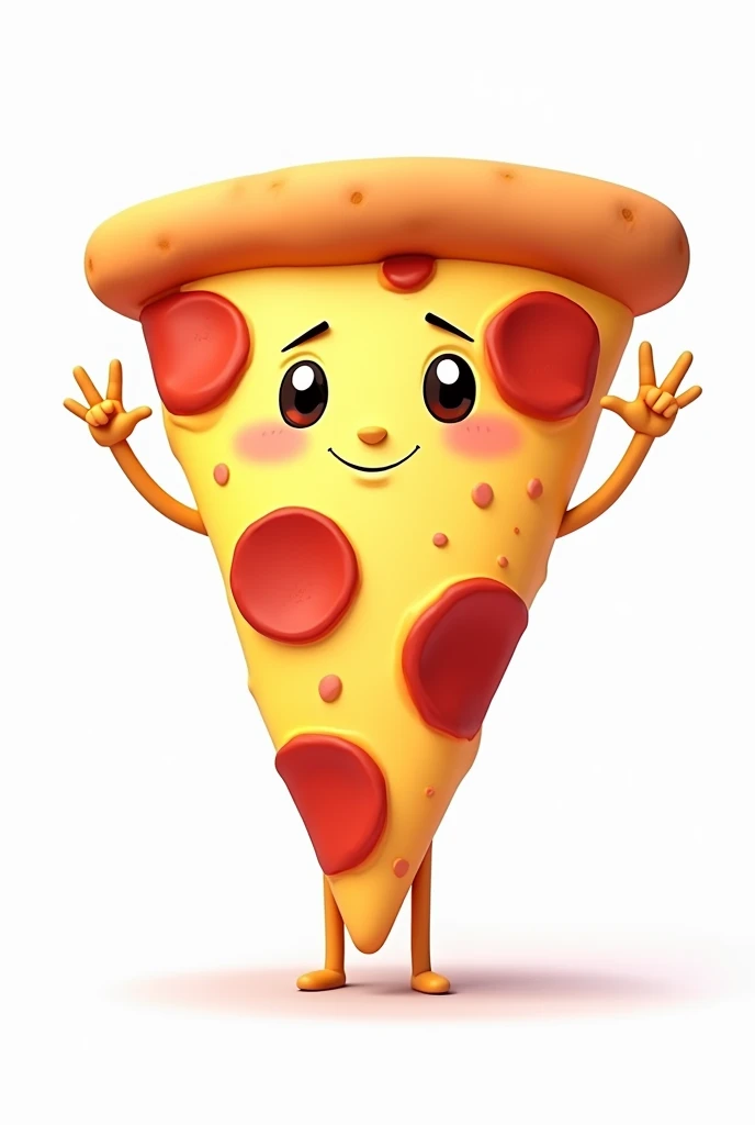 **Slice of CARTOON STYLE animated pizza that looks pretty and has a very serene, pleasant face, WITHOUT A MOUTH OR NOSE, NOT CREEPY OR TERRIFYING, with melted cheese. The pizza has one eye and two hands. The triangular slice resembles the Illuminati symbol, and in one hand, it is clearly making the rock horns gesture.** It looks like a cartoon, with amazing 4k quality colors, a white background, and well-cast shadows where they need to be. Let it be a pepperoni pizza that is standing, with melted cheese.