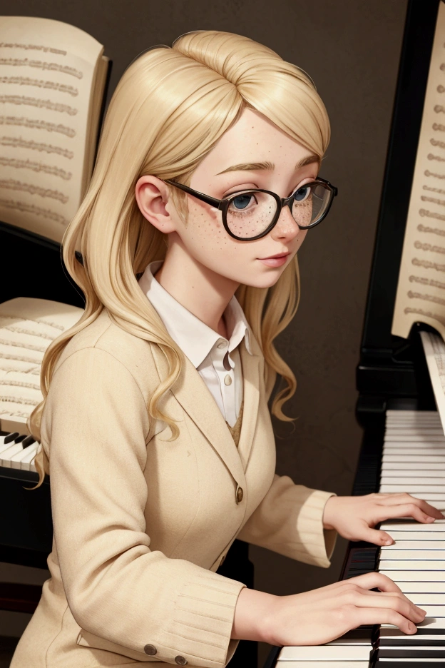 a blonde,wearing glasses and freckles playing the piano