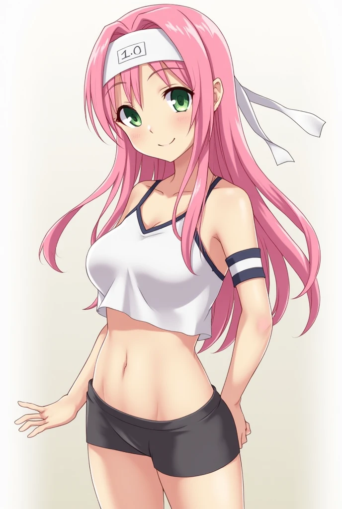 head of&#39;artwork， La meilleure qualité au mieux， 1fille， sakura haruno， mediuml breasts, ssmile，with pink hair， cheveux longs et blancs， （Globes oculaires verts:1.4)， Protection du front  Fente aux cuisses, short and tight pants , tenue du corps, Tight Short Pants,