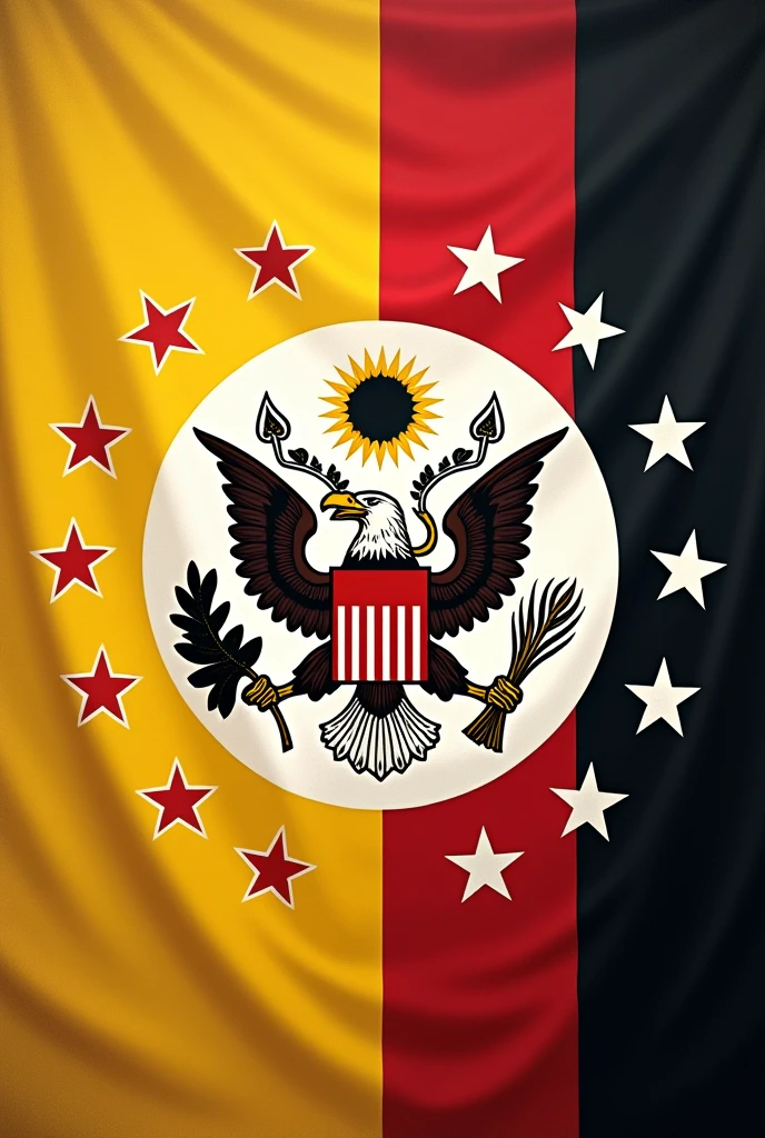 A flag with an emblem that contains elements of logic and reason,with also 38 stars and a small eagle.All this in white colors,Yellow ,red and black