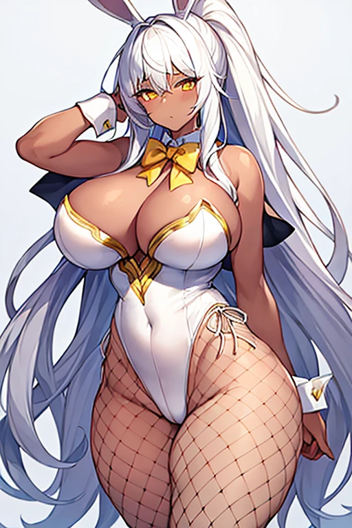 1girl, white hair, long hair, dark-skinned female, dark skin, yellow eyes, breasts, huge breasts, bowtie, wide hips, thick thighs, bunnysuit, leotard, white bunnysuit, shy, timid, wavy mouth, ponytail, fishnets, fishnet legwear, gold trim,fishnet pantyhose, white leotard