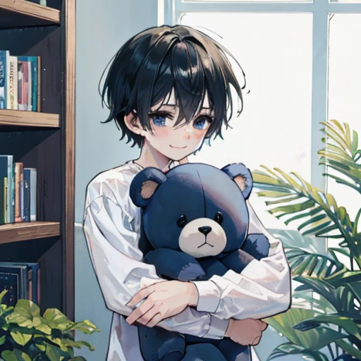 Watercolor, pale colour, 1 boy, he hugs a big teddy bear, Upper body shot only, Black short hair, He is wearing a light blue shirt, He smiles gently., Bookshelf, ornamental foliage plant