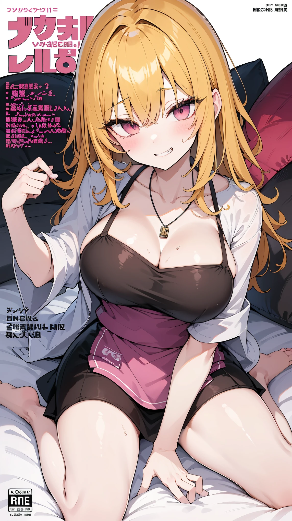 Generate an image of Honami Mochizuki from Project Sekai. She is a high school student with long, straight hair in a blonde color.,with a slight curl. Her side hair is shorter and also slightly curled.Often, has big, gentle red eyes and a warm, friendly expression.nsfw,steam,medium breasts,sweat,1girl,Gradient with pink tips,Twin tails,full body,bare breasts,white dress shirt,naked shirt,cleavage ,open shirts,large shirts,no panties,bottomless, small nipples, uterus at viewer penis inserted into pussy from cross section looking through,1boy,penis,vaginale,sex,cum on pussy,wince,cowgirl position,girl on top