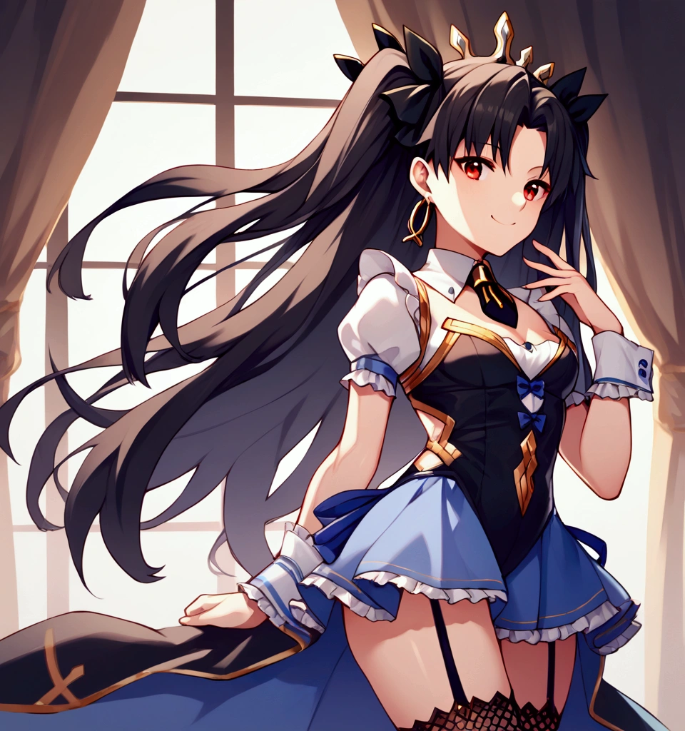 score_9, score_8_up, score_7_up, score_6_up, score_5_up, score_4_up, source_anime, Ishtar of FateGO, long hair, black hair, ribbon, hair ribbon, two side up, red eyes, parted bangs, crown, PekoraFuriFuri, detached collar, short black necktie, black dress, short dress, sleeveless dress, center frills, puffy short sleeves, detached sleeves, wrist cuffs, blue skirt, fishnet thighhighs, garter straps, 1girl, divine goddess body with stunning curves, smile, wide hips,  showing her butt to viewer, lookin over the shoulder, The background is on a living room